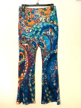 Hippie Printed Wide Bell Bottom Pants - Blue Multicolored. Size L. NWT.